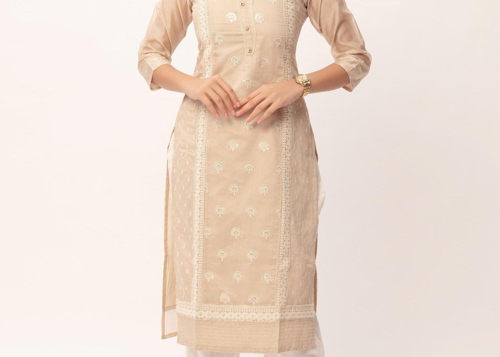 Beige Cotton Silk Sequence Work Kurti - Maldo