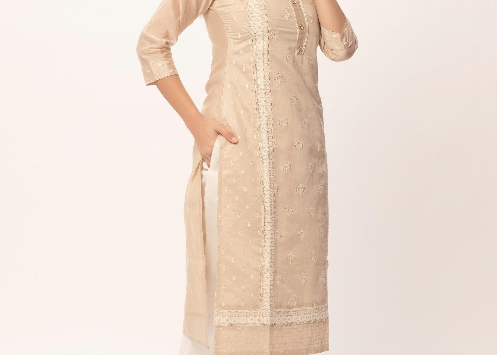 Beige Cotton Silk Sequence Work Kurti - Maldo