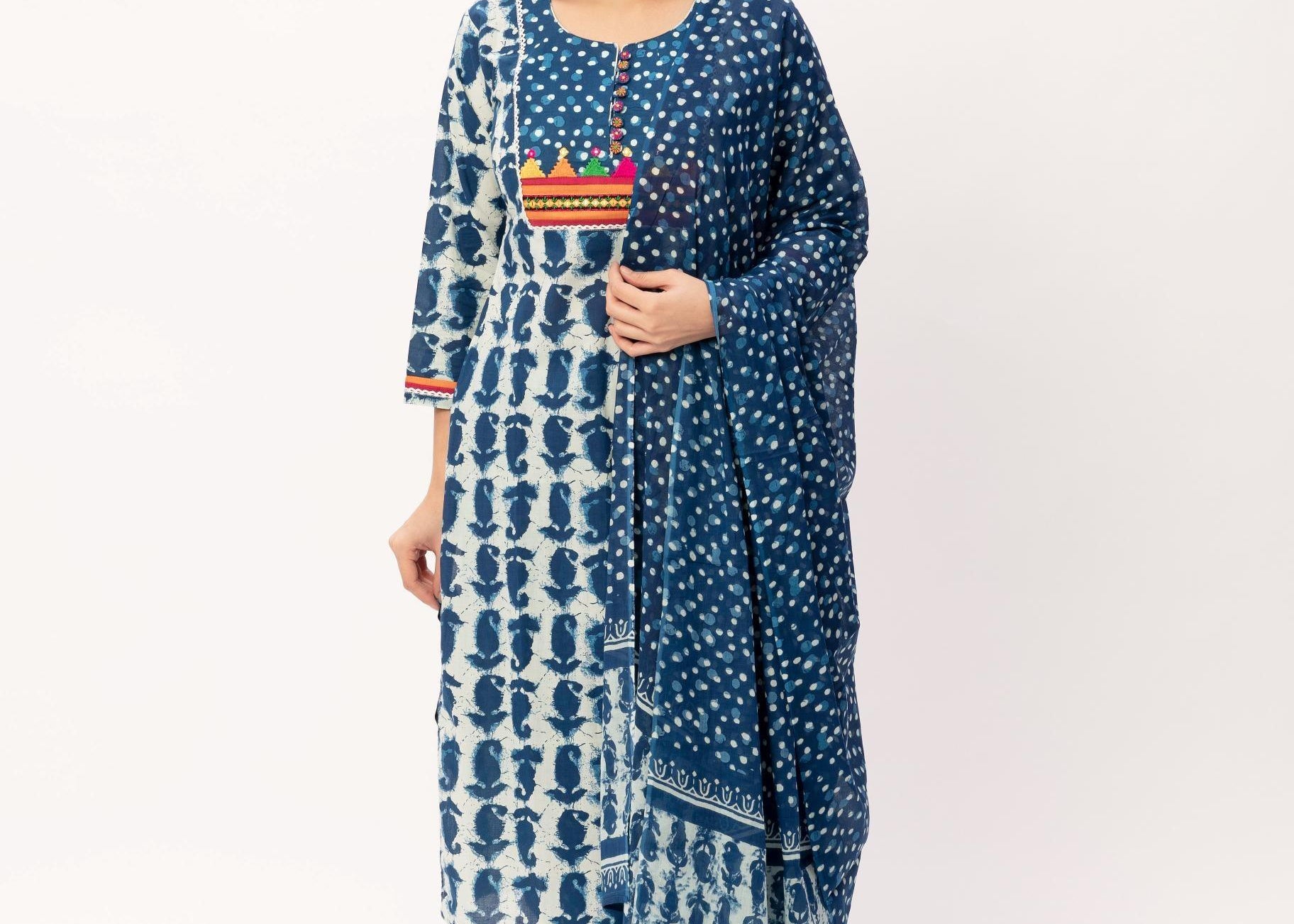 Blue Cotton Polka Dotted Kurti Pant Set - Maldo