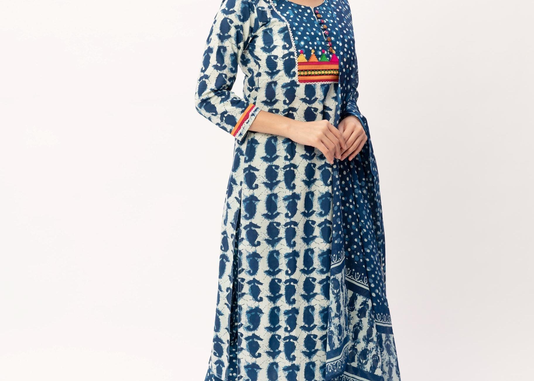 Blue Cotton Polka Dotted Kurti Pant Set - Maldo