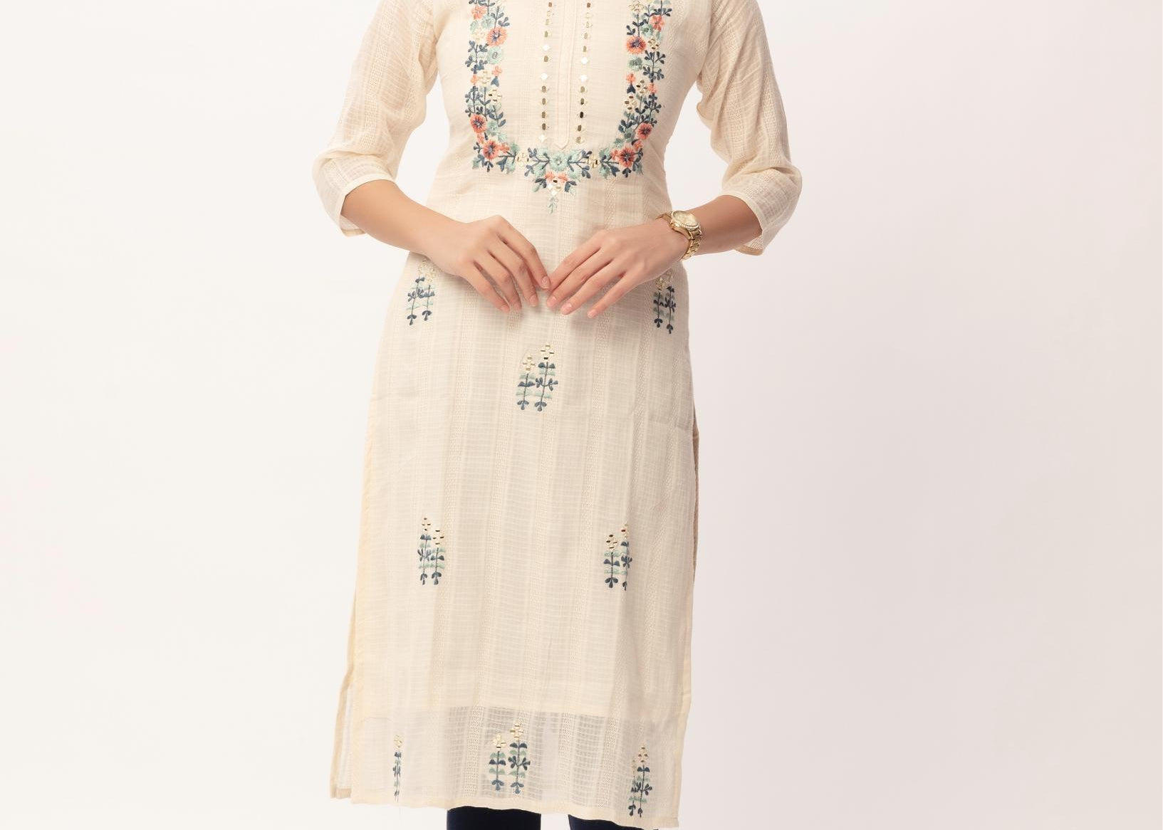 Ivory Jacquard Cotton Embroidery Kurti - Maldo