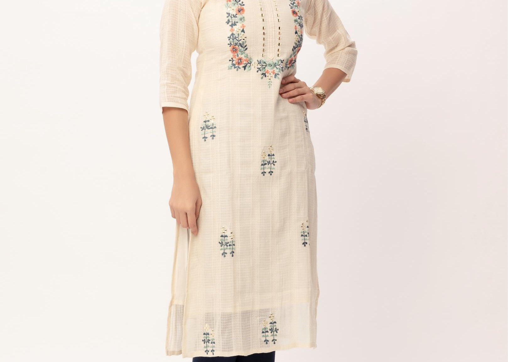 Ivory Jacquard Cotton Embroidery Kurti - Maldo