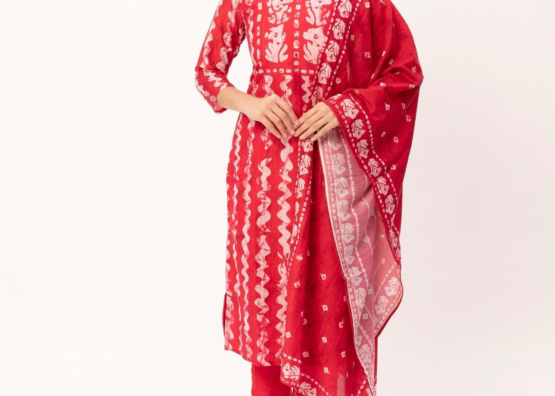 Red Muslin Digital Batik Print kurti Pant set - Maldo