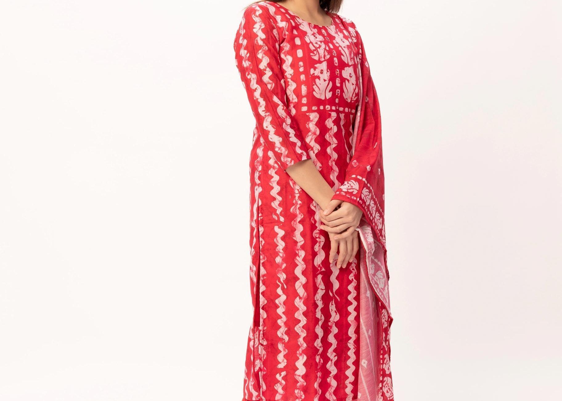 Red Muslin Digital Batik Print kurti Pant set - Maldo