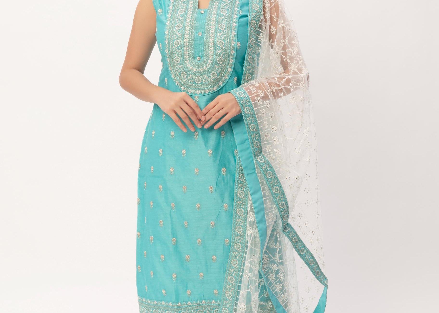 Sky Blue Chanderi Silk Sleeveless kurti Pant Set - Maldo