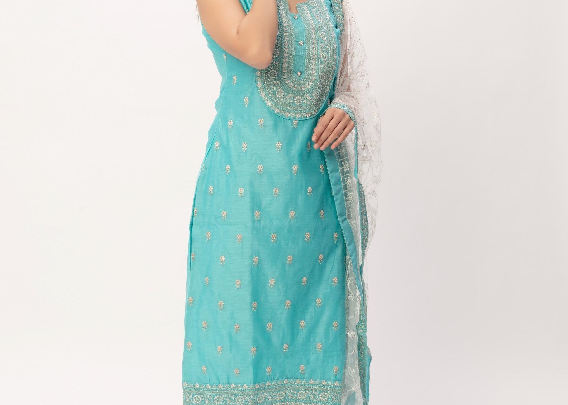 Sky Blue Chanderi Silk Sleeveless kurti Pant Set - Maldo