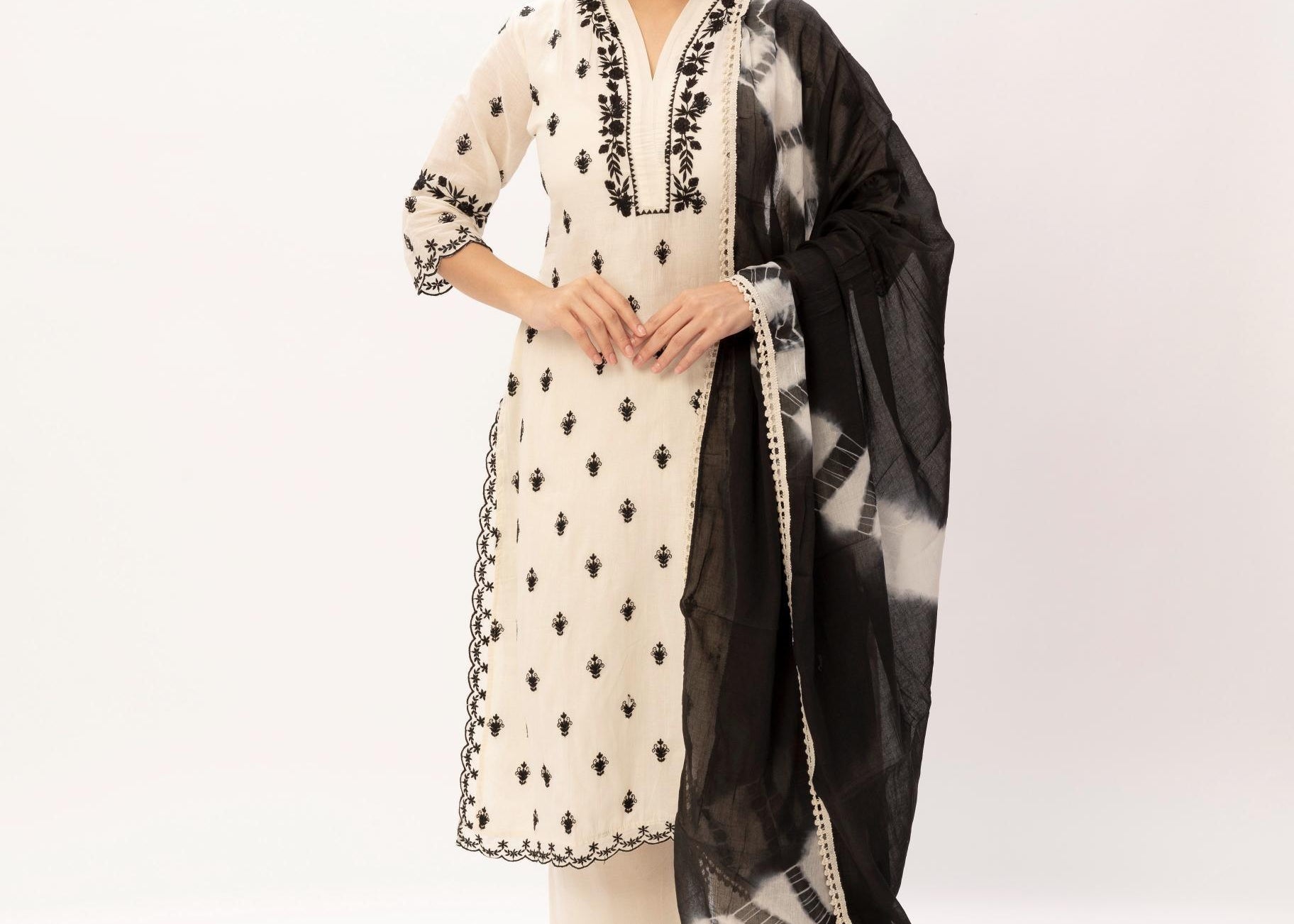 White Pure Kora Cotton Thread Embroidered Kurti with Palazzo Set - Maldo