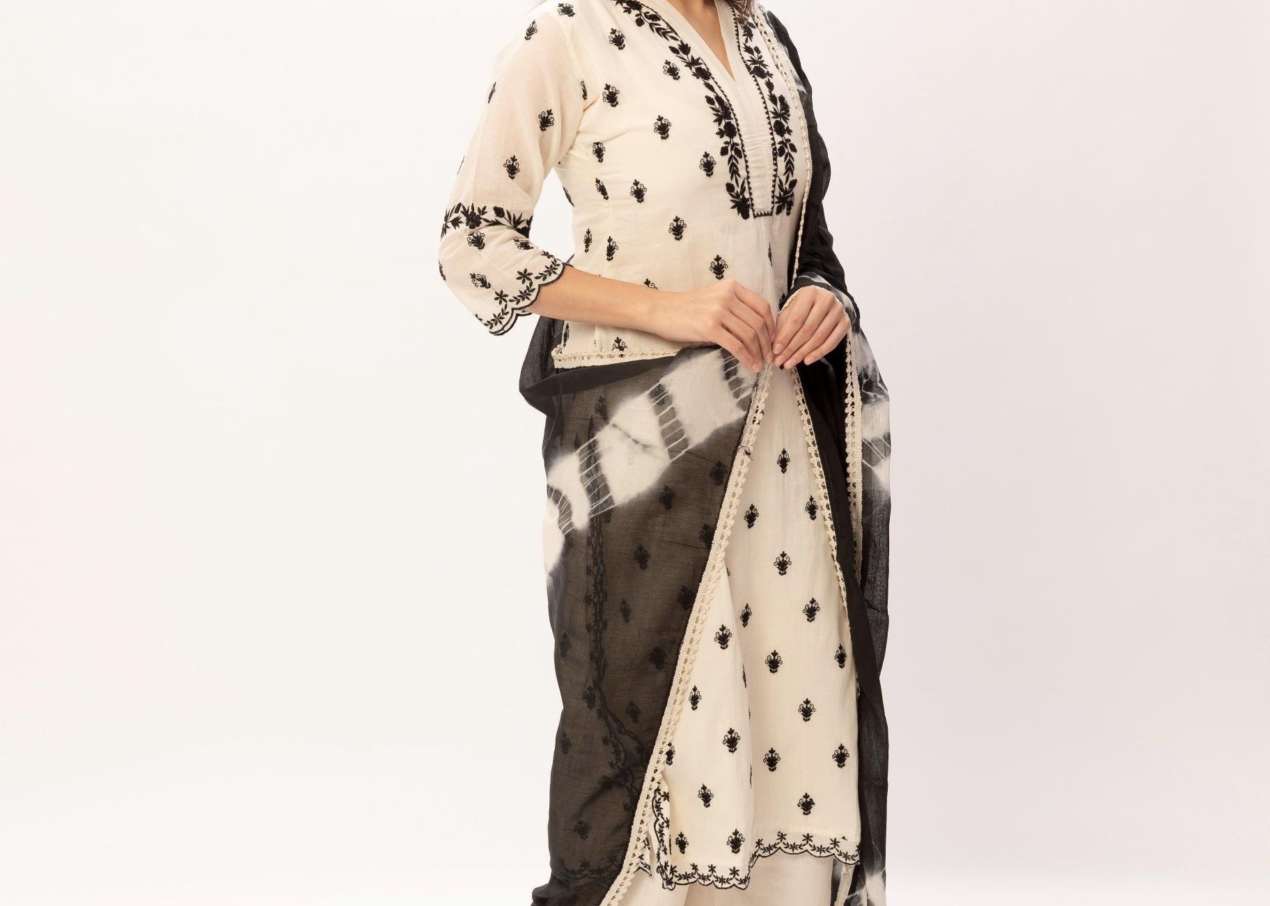 White Pure Kora Cotton Thread Embroidered Kurti with Palazzo Set - Maldo