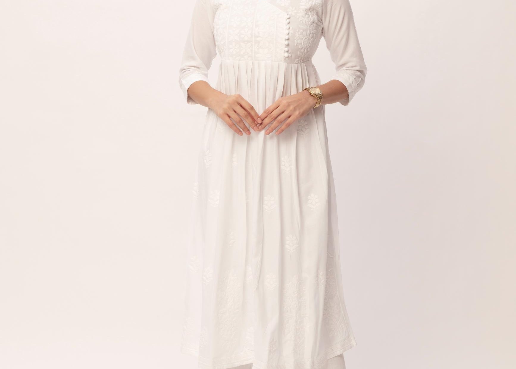 White Pure Modal Lucknowi Embroidery Kurti - Maldo