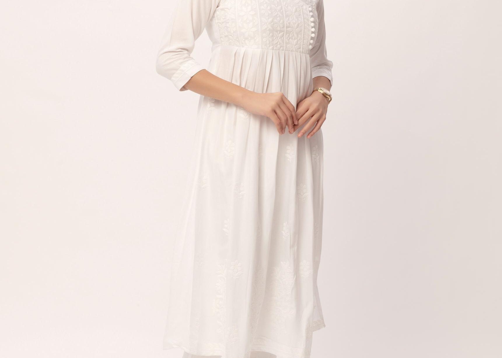 White Pure Modal Lucknowi Embroidery Kurti - Maldo