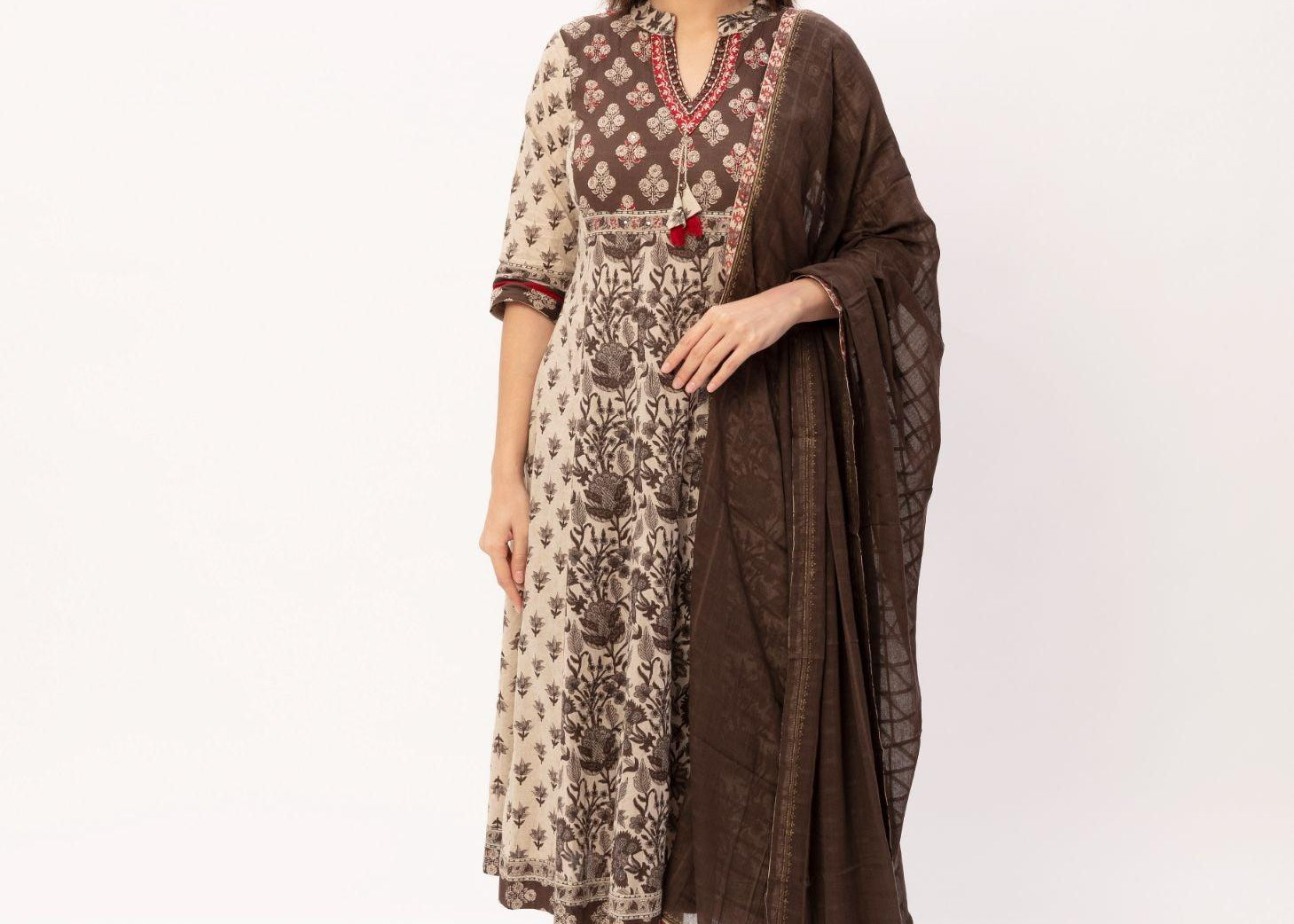 Brown Cotton Jaipuri Prints Kurti Pant Set - Maldo