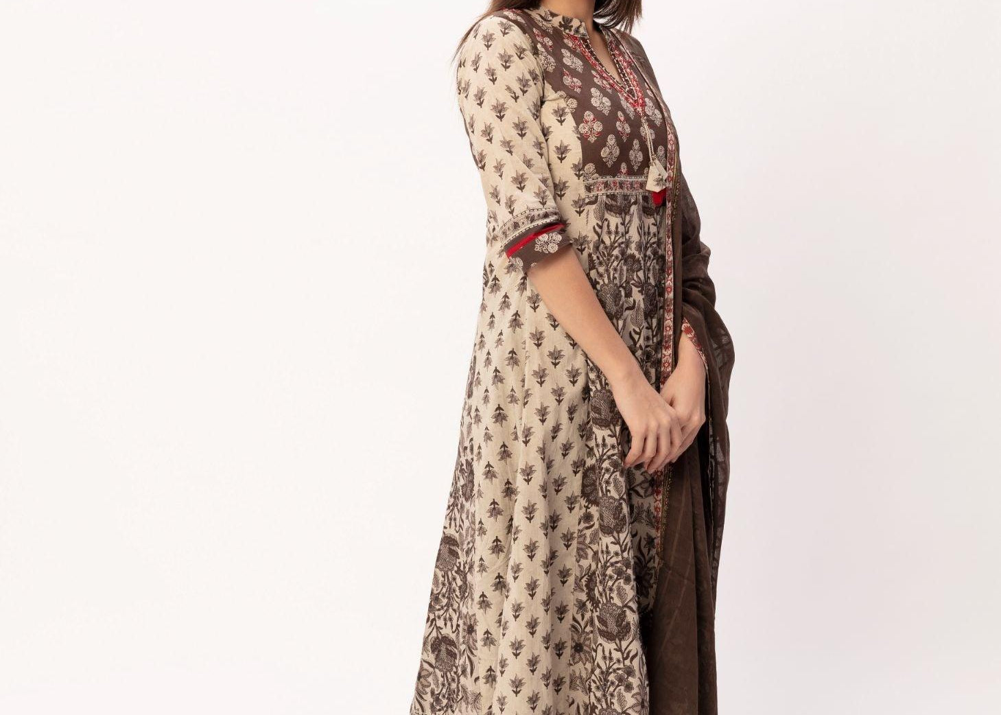 Brown Cotton Jaipuri Prints Kurti Pant Set - Maldo