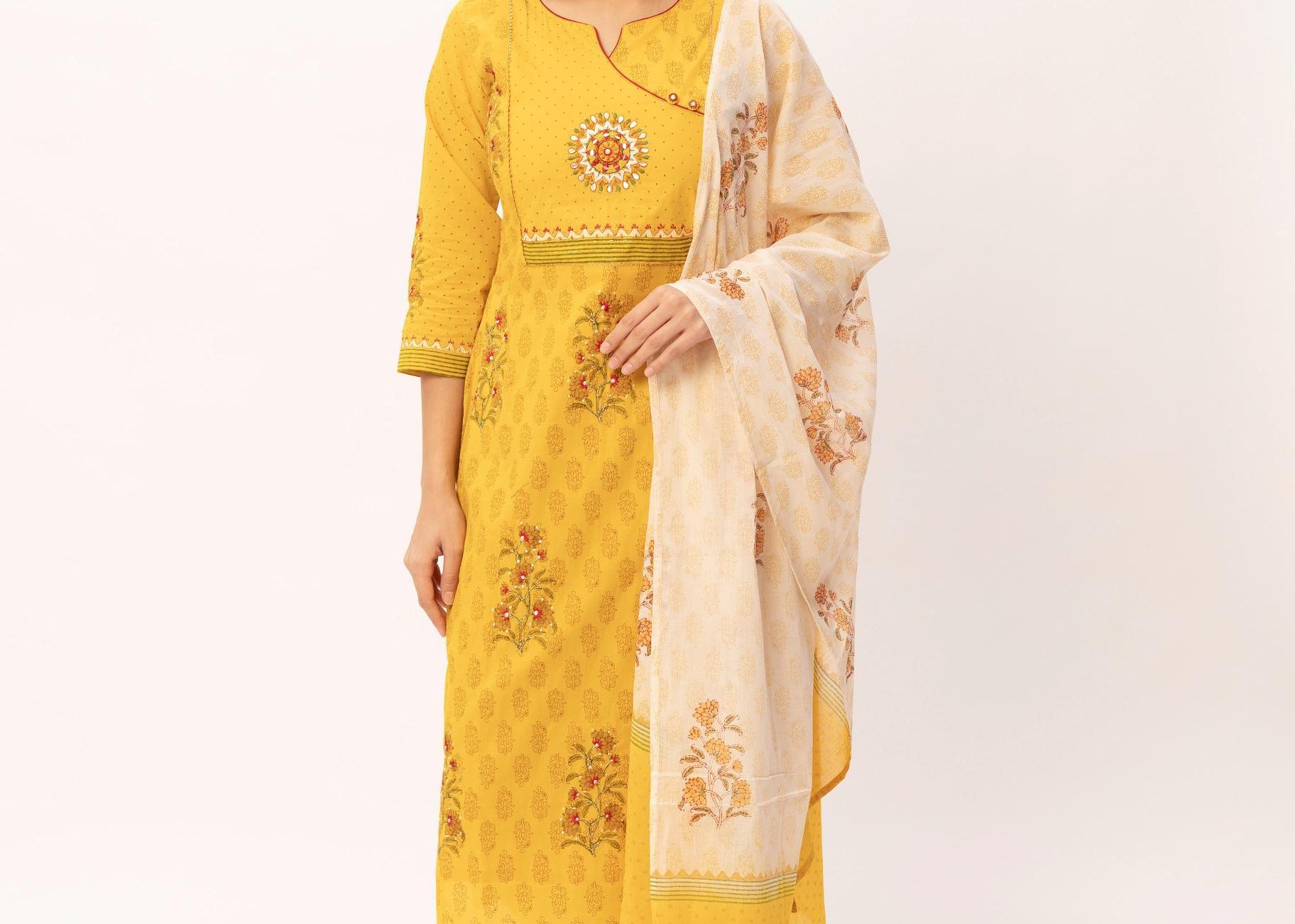 Yellow Mal Cotton Block Print kurti Pant Set - Maldo