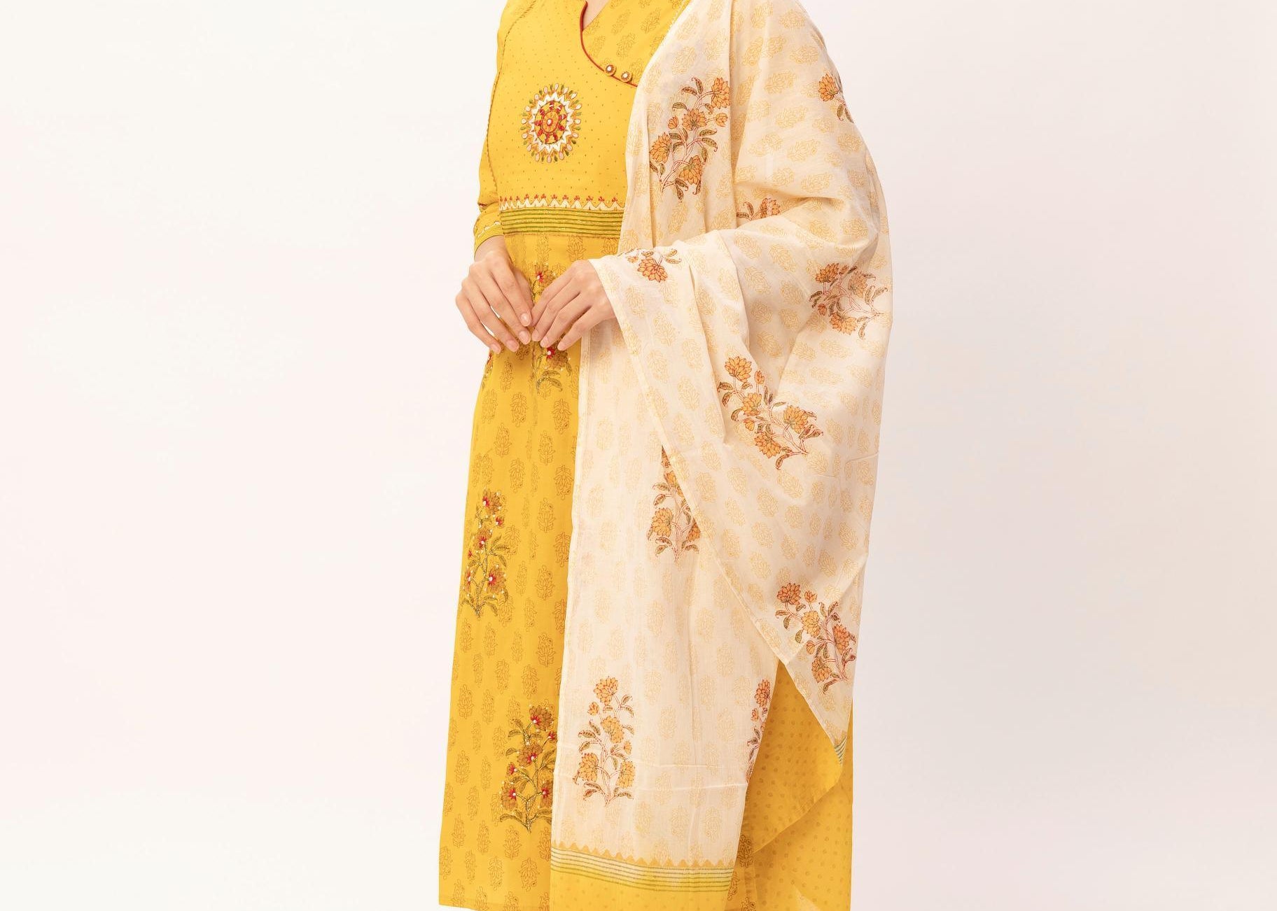 Yellow Mal Cotton Block Print kurti Pant Set - Maldo